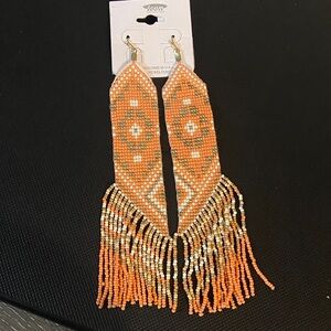 ICON COLLECTION Orange White Gold Beaded Fringe Statement Earrings Native Style